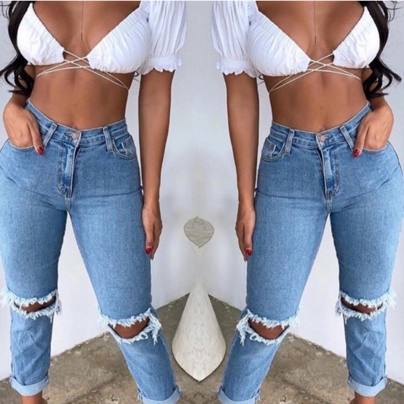 . OOTDFASH Steven High Waist Distressed Denim Jeans - Picture 2 of 16